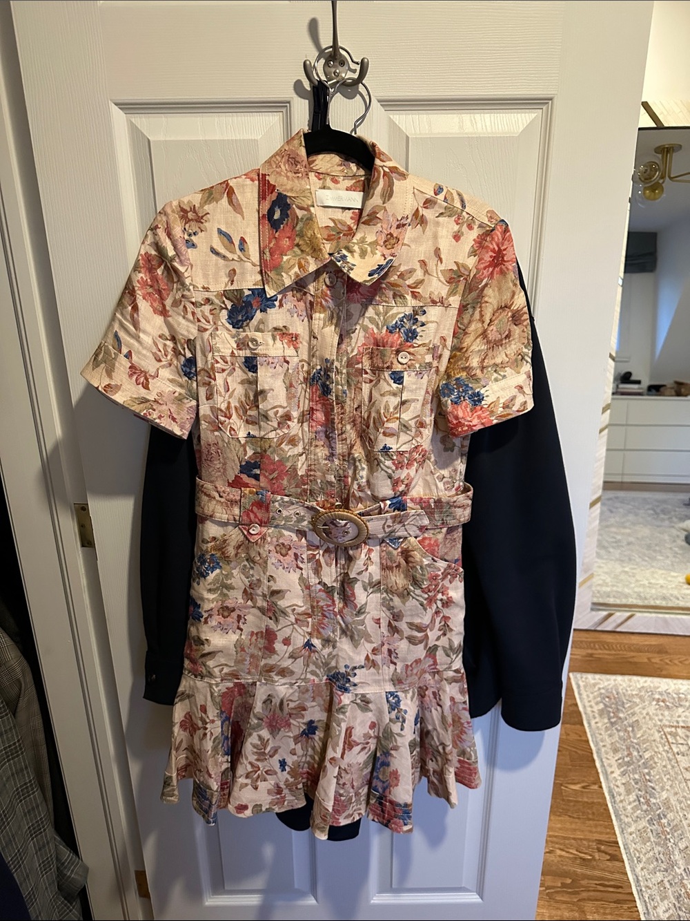 Zimmermann Floral Patchwork Belted Short Sleeve Dress in Beige, Blue, Pink